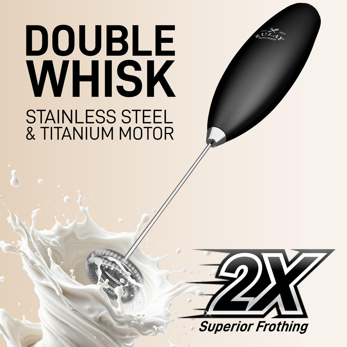 Zulay Kitchen battery-powered frother with Duracell batteries for cordless use.