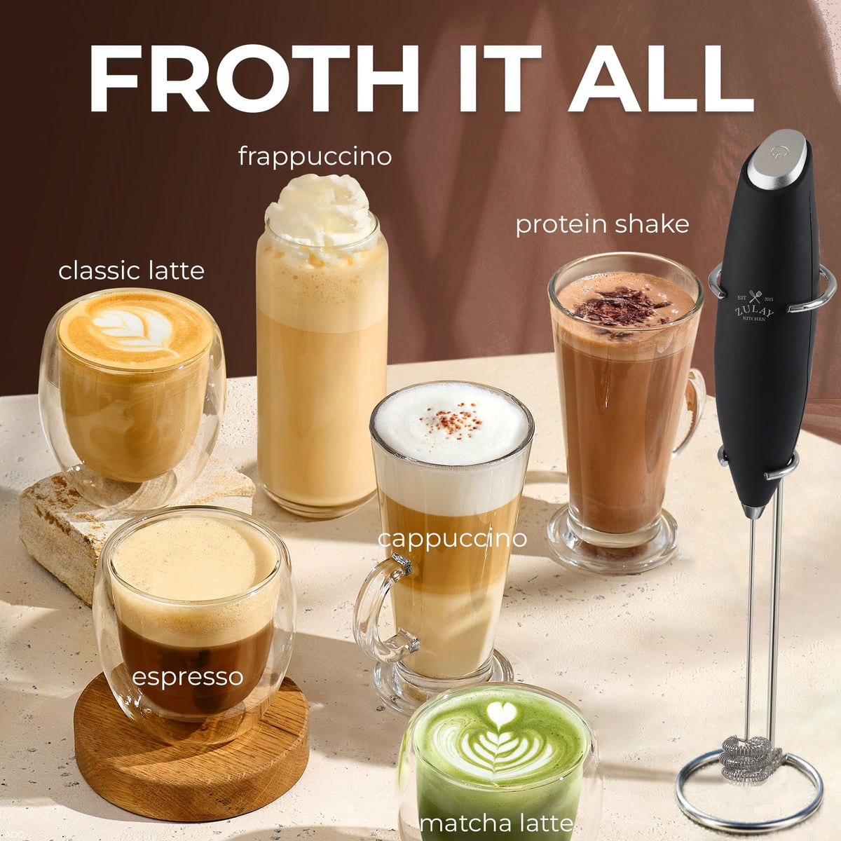 Zulay Kitchen battery-powered frother offers cordless convenience for quick milk foam.