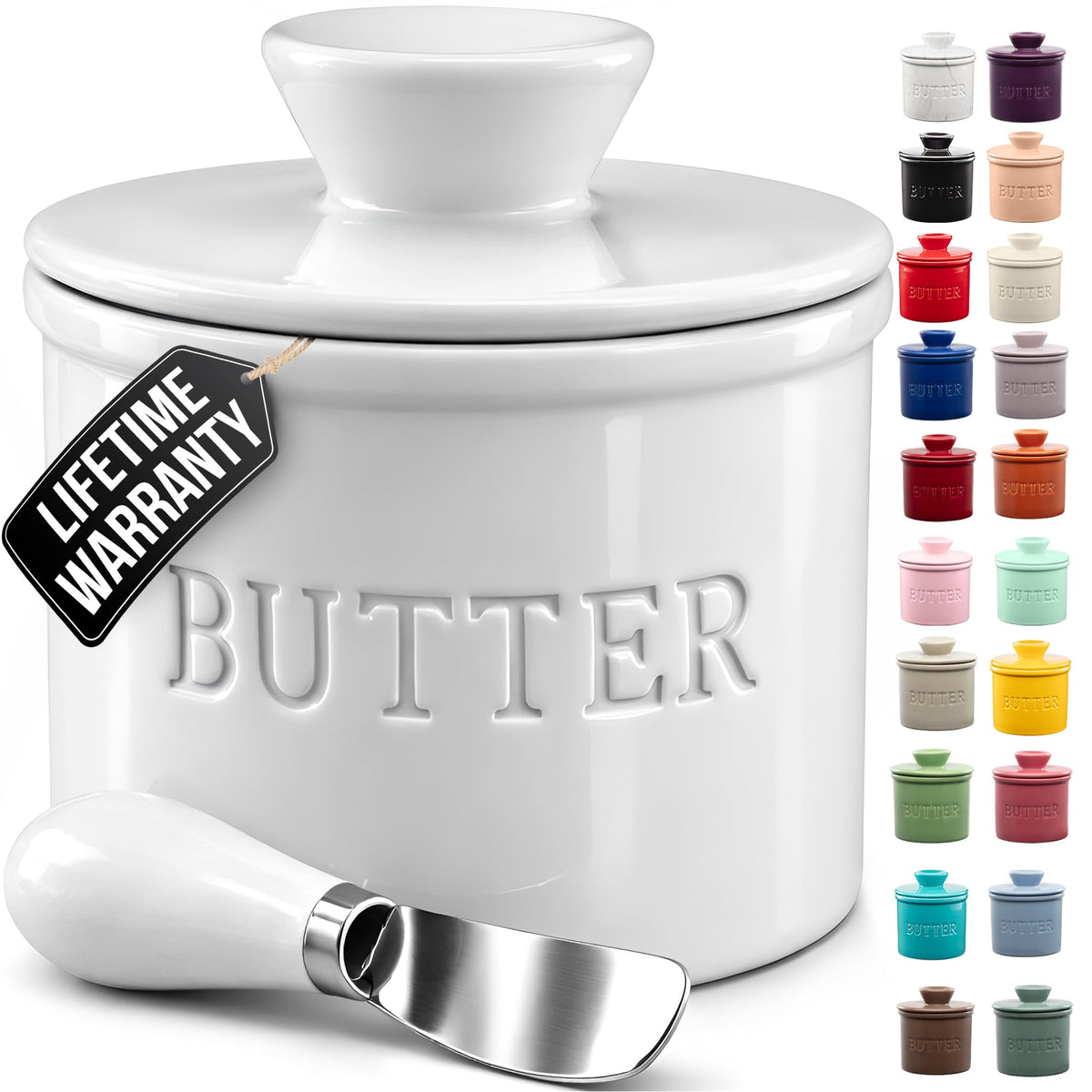 Zulay Kitchen bell-shaped butter crock with lid and water line for smooth, ready-to-spread butter