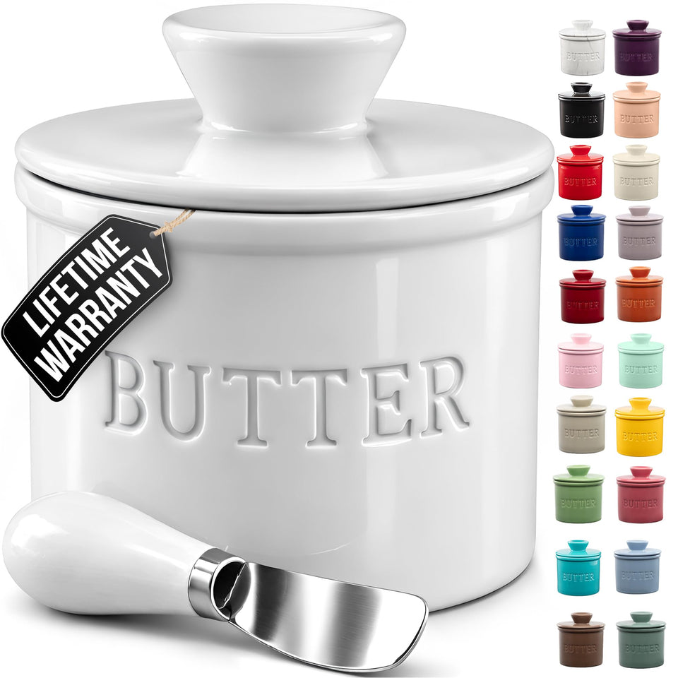Zulay Kitchen bell-shaped butter crock with lid and water line for smooth, ready-to-spread butter
