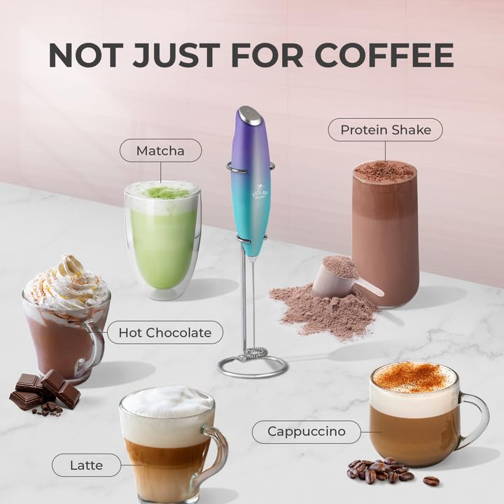 Zulay Kitchen Borealis frother sits neatly on its stand for easy access.