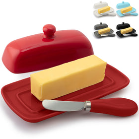 Zulay Kitchen butter dish with lid red on countertop keeps butter ready to spread.