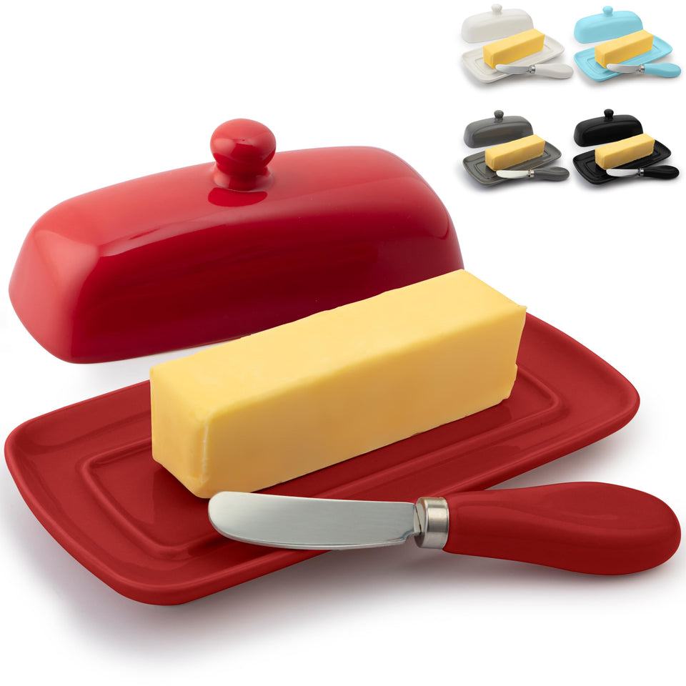 Zulay Kitchen butter dish with lid red on countertop keeps butter ready to spread.