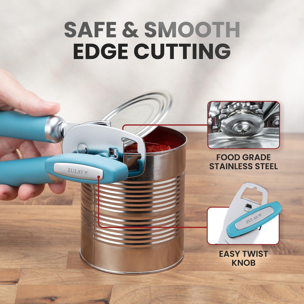 Zulay Kitchen dusty blue can opener bottle opener feature close-up