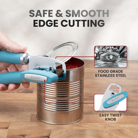 Zulay Kitchen dusty blue can opener bottle opener feature close-up