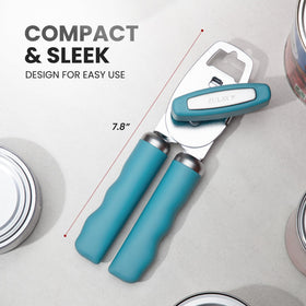 Zulay Kitchen can opener dusty blue side view showing soft handles