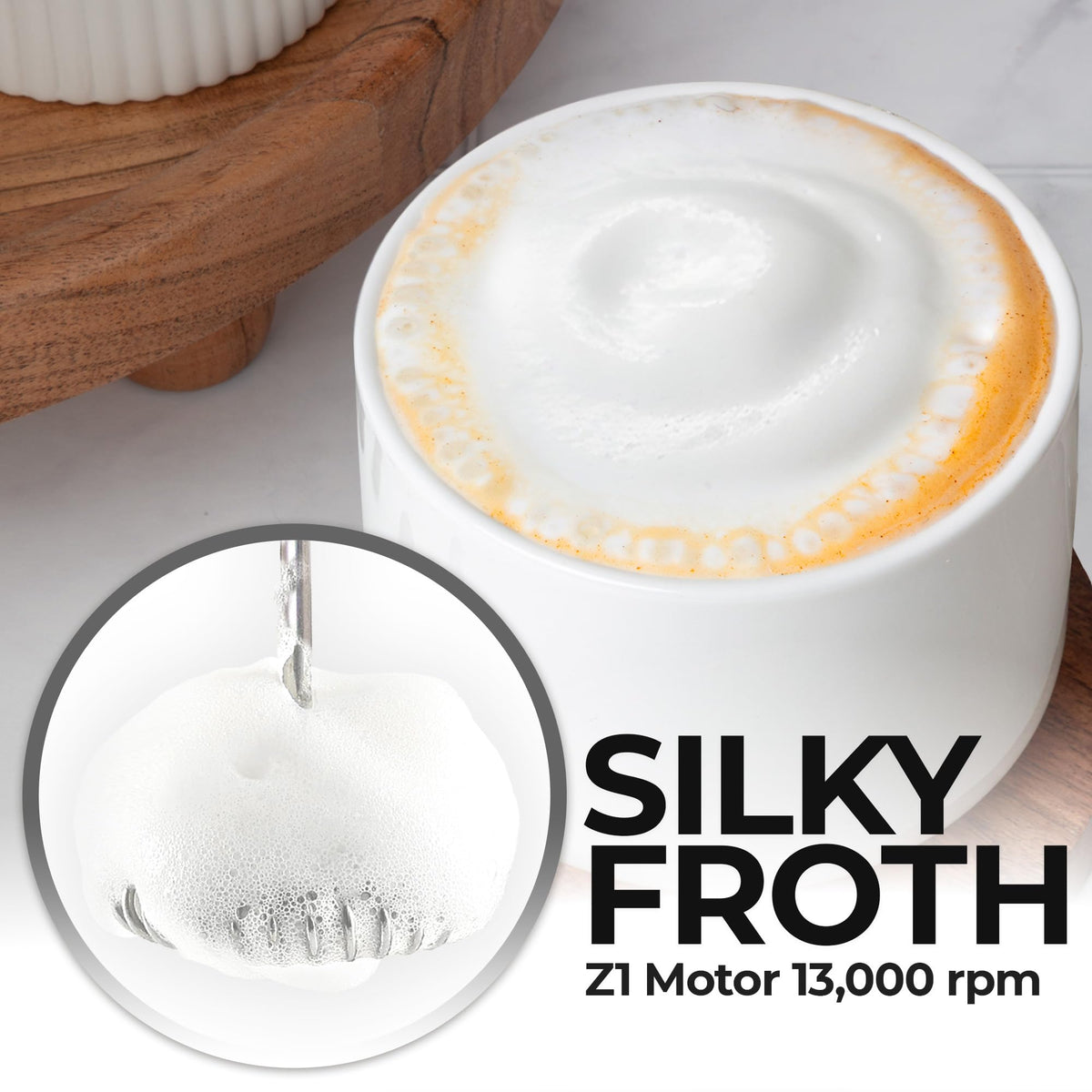 Zulay Kitchen cappuccino foam close-up showing rich, creamy texture and smooth pour.