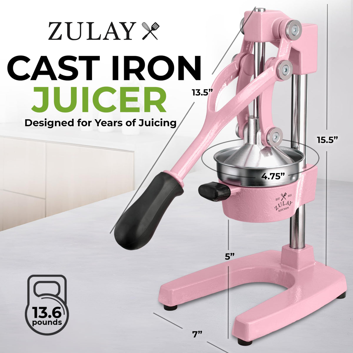Zulay Kitchen cast-iron juicer lever arm for effortless extraction.