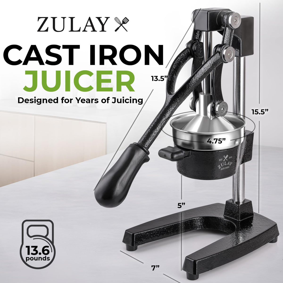 Zulay Kitchen cast iron juicer lever arm — powerful manual leverage for quick juice extraction.