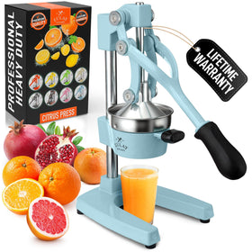 Zulay Kitchen cast-iron orange juice squeezer blue front view shows high juice yield with minimal effort