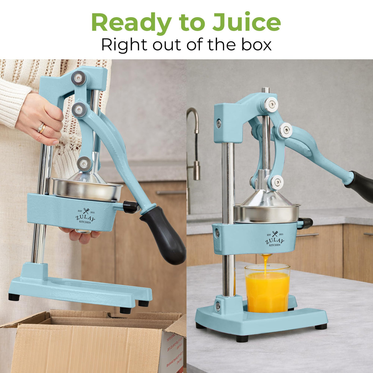Zulay Kitchen orange juice squeezer blue lever-action highlights quick extraction without electricity
