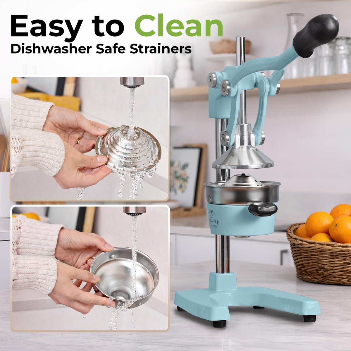 Zulay Kitchen blue on-counter setup demonstrates stable, non-slip operation