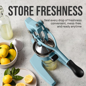 Zulay Kitchen blue seeds-out close-up suggests clean juice with minimal pulp