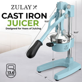 Zulay Kitchen cast-iron orange juice squeezer blue side view emphasizes sturdy lever for powerful juicing