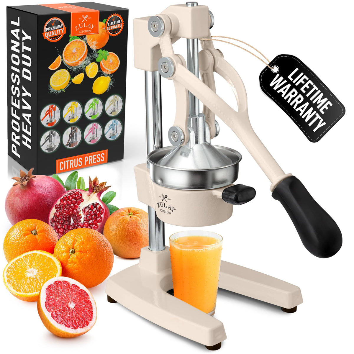 Zulay Kitchen cast-iron orange juice squeezer front view showing durable construction for high-yield citrus juicing