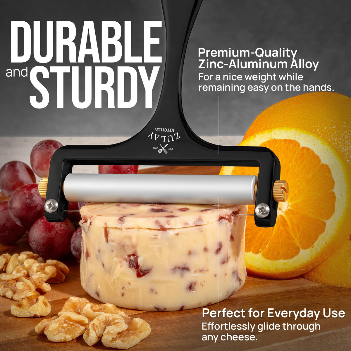 Zulay Kitchen black cheese slicer complements any kitchen counter.
