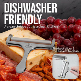 Zulay Kitchen cheese slicer in hand slicing cheese on a board