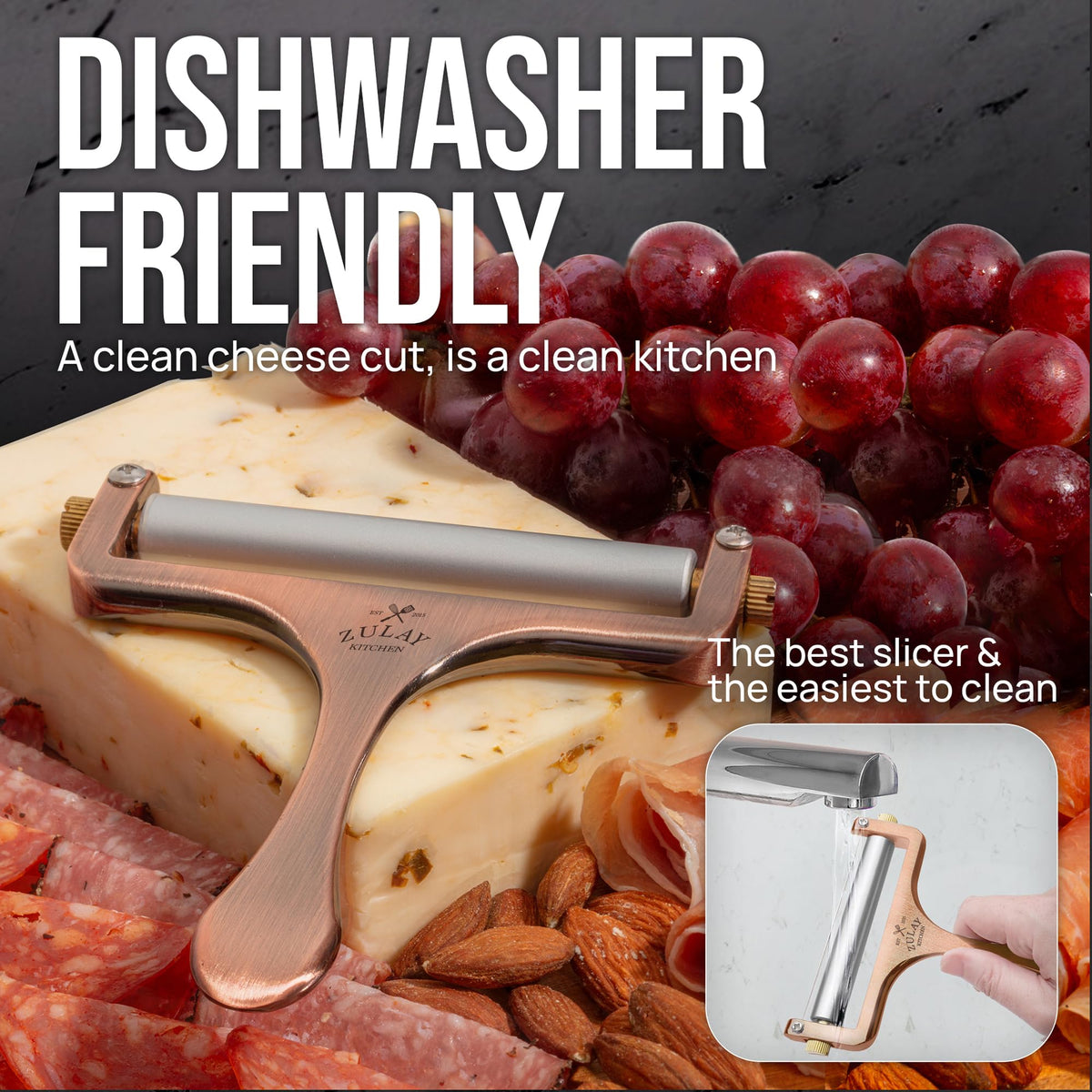 Zulay Kitchen slicer produces cheddar slices with adjustable thickness for versatile recipes.