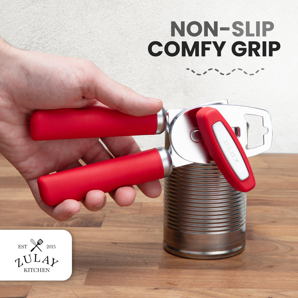 Cherry red finish on Zulay Kitchen heavy-duty opener adds a bold kitchen accent.