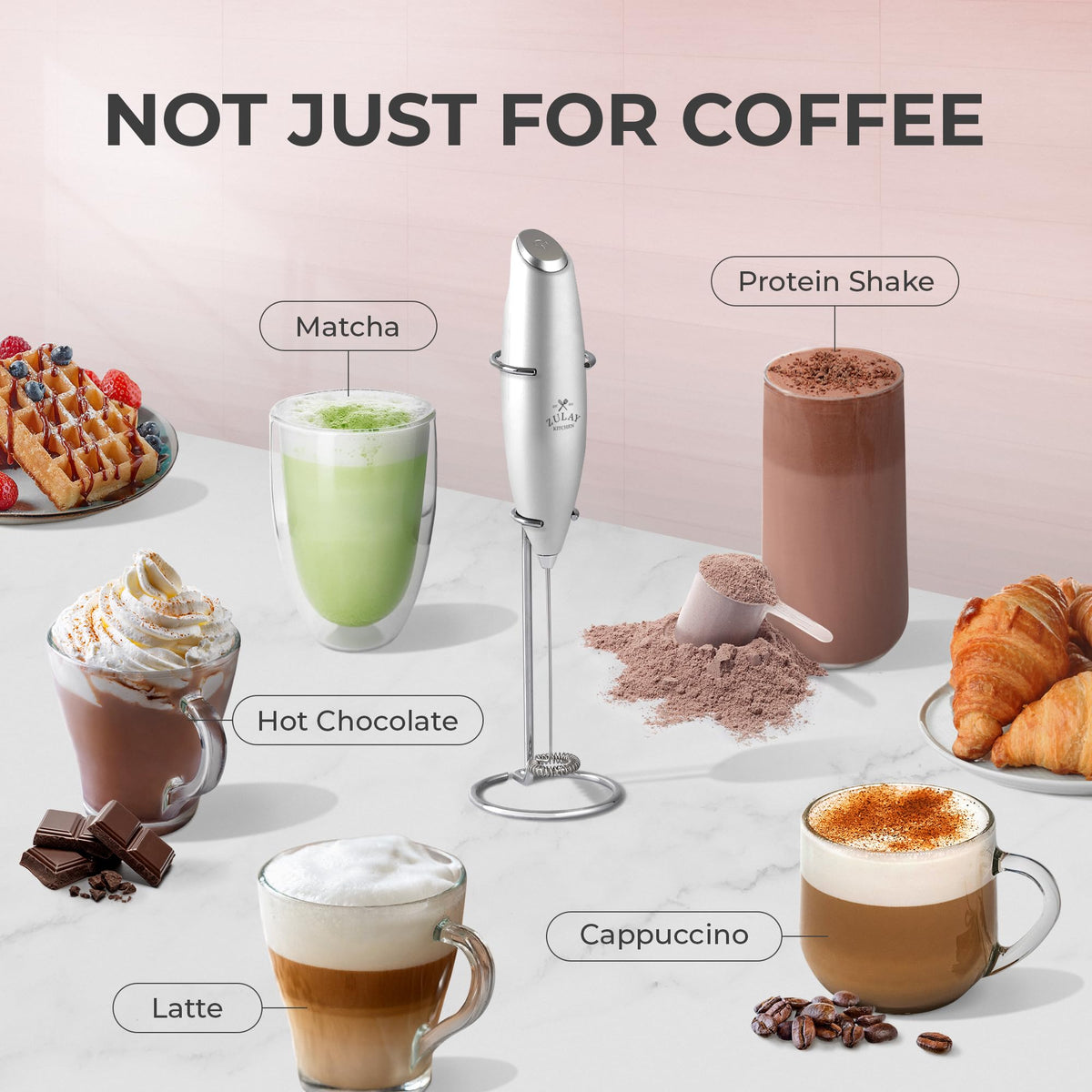 Zulay Kitchen handheld frother blends milk into creamy latte foam