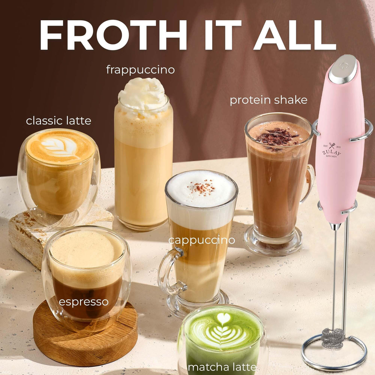Coffee, latte, cappuccino, and hot chocolate foam at home with Zulay.