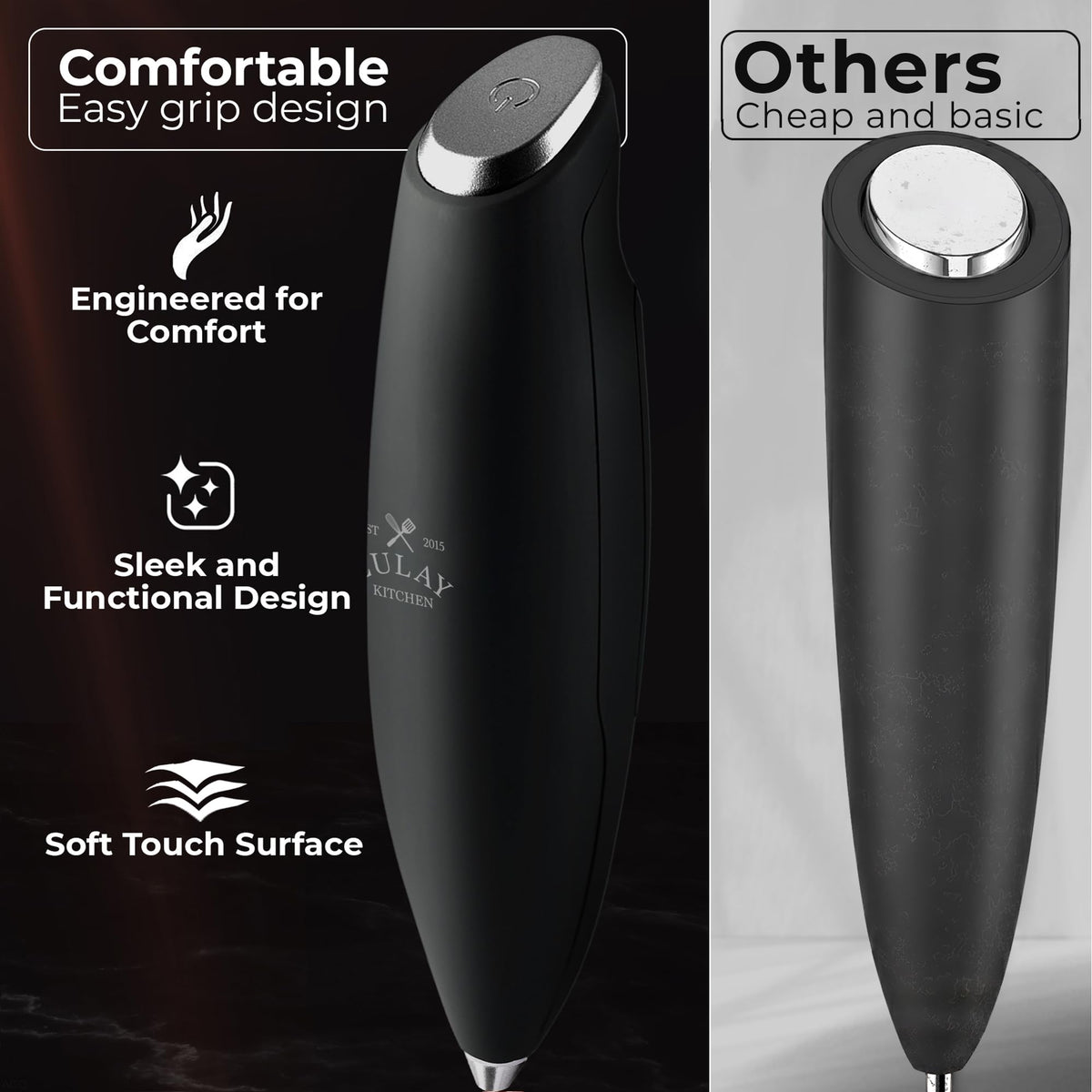 Zulay Kitchen coffee frother works with dairy or non-dairy milks for barista-style foam.