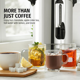 Zulay Kitchen coffee urn with twist-lock lid minimizes spills at events.