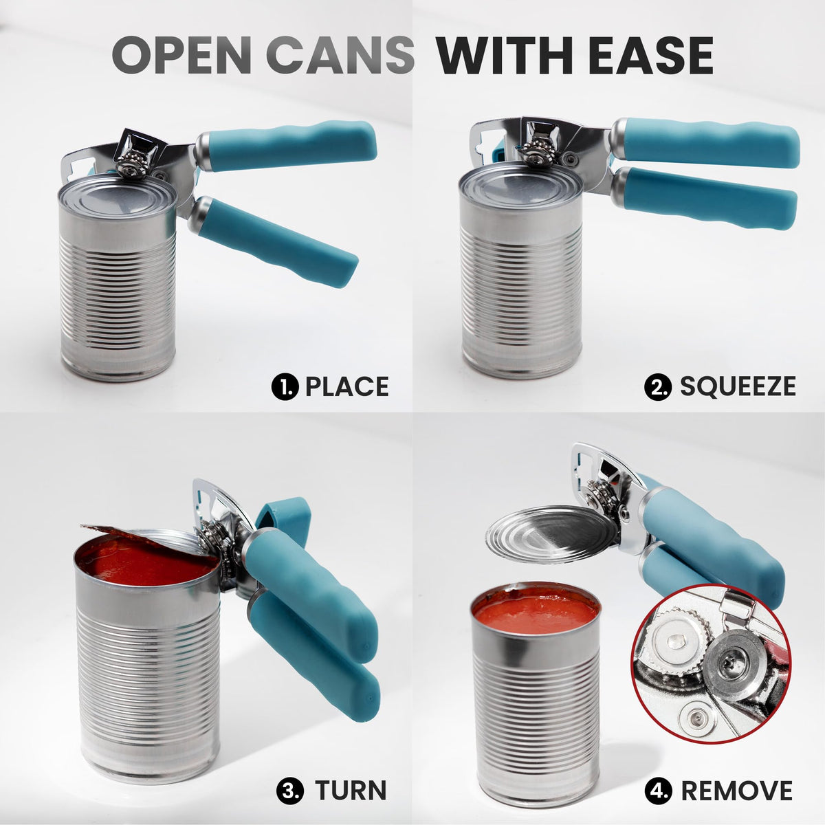 Zulay Kitchen comfortable grip dusty blue can opener ready for use