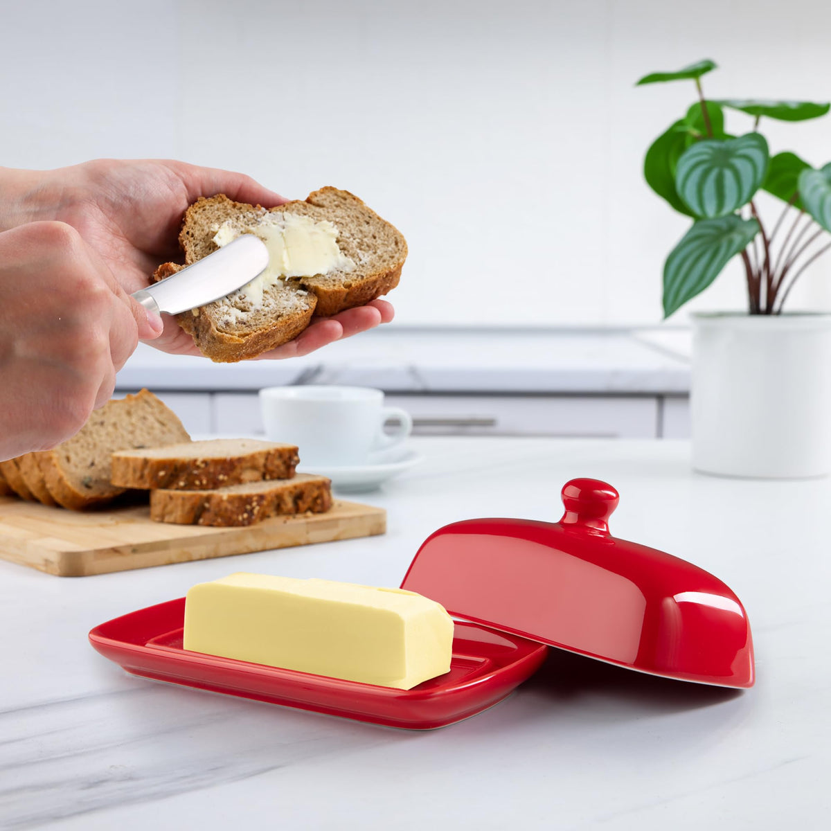 Zulay Kitchen countertop butter dish on display keeps room-temperature butter.