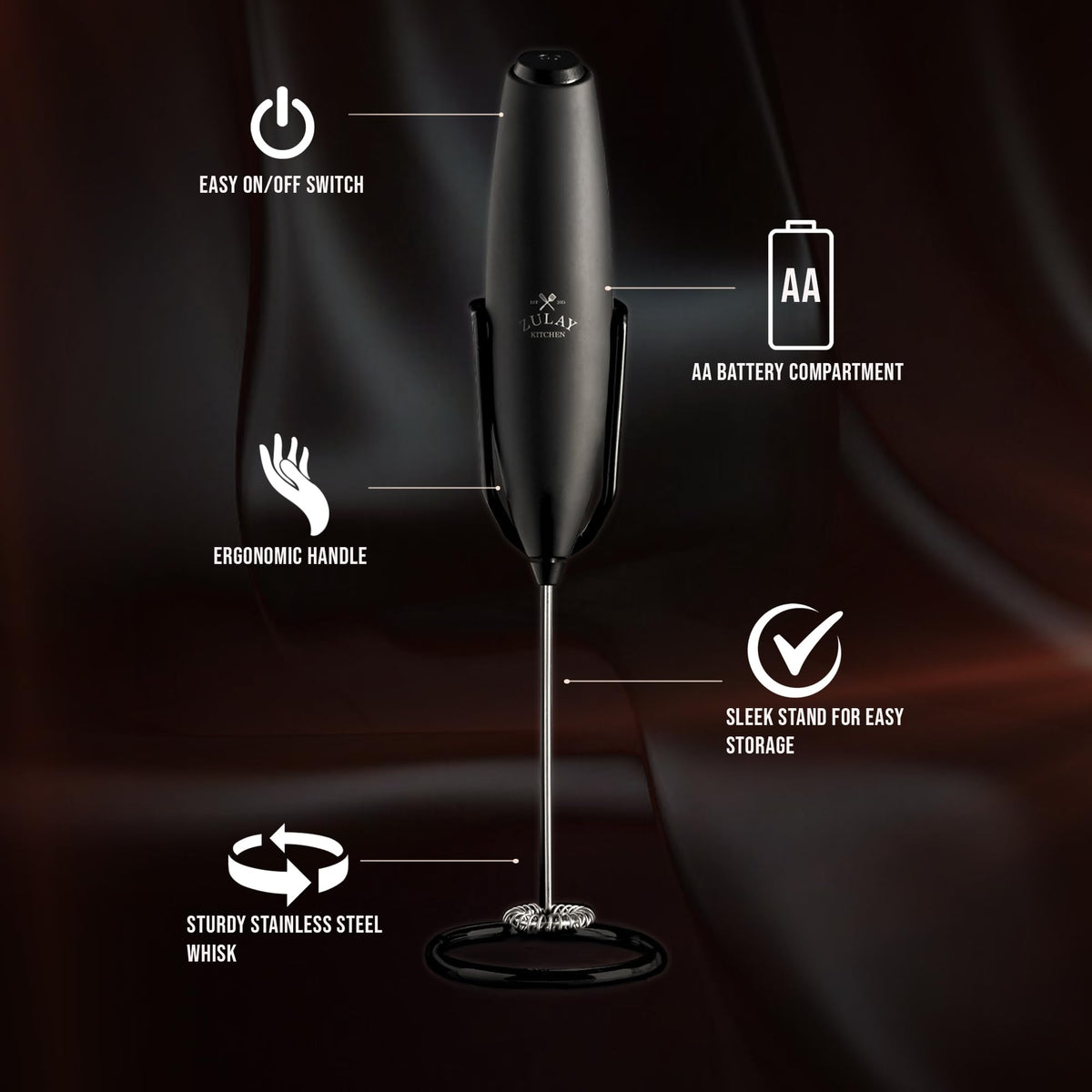 Zulay Kitchen frother works with dairy and non-dairy milks for versatile foam.