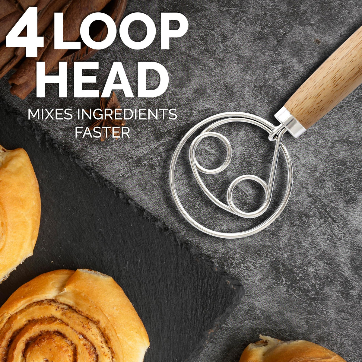 Zulay Kitchen danish dough whisk with acacia handle for comfort.