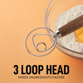 Zulay Kitchen easy-clean dough whisk image highlighting flexible wires for quick cleanup.