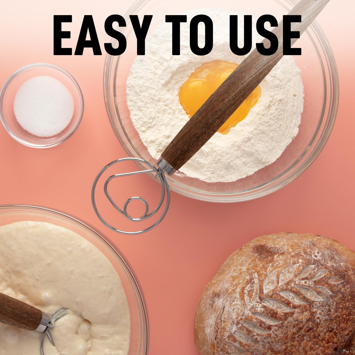 Zulay Kitchen three-loop design dough whisk close-up for aerating high-moisture doughs.