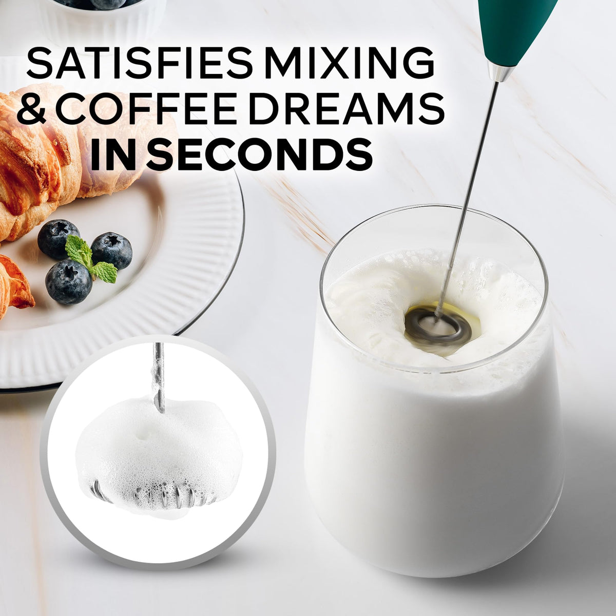 Zulay Kitchen dark green frother handle in use for creamy milk foam.