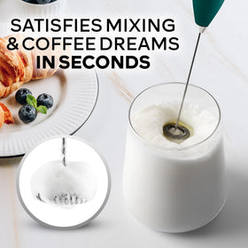 Zulay Kitchen dark green frother handle in use for creamy milk foam.