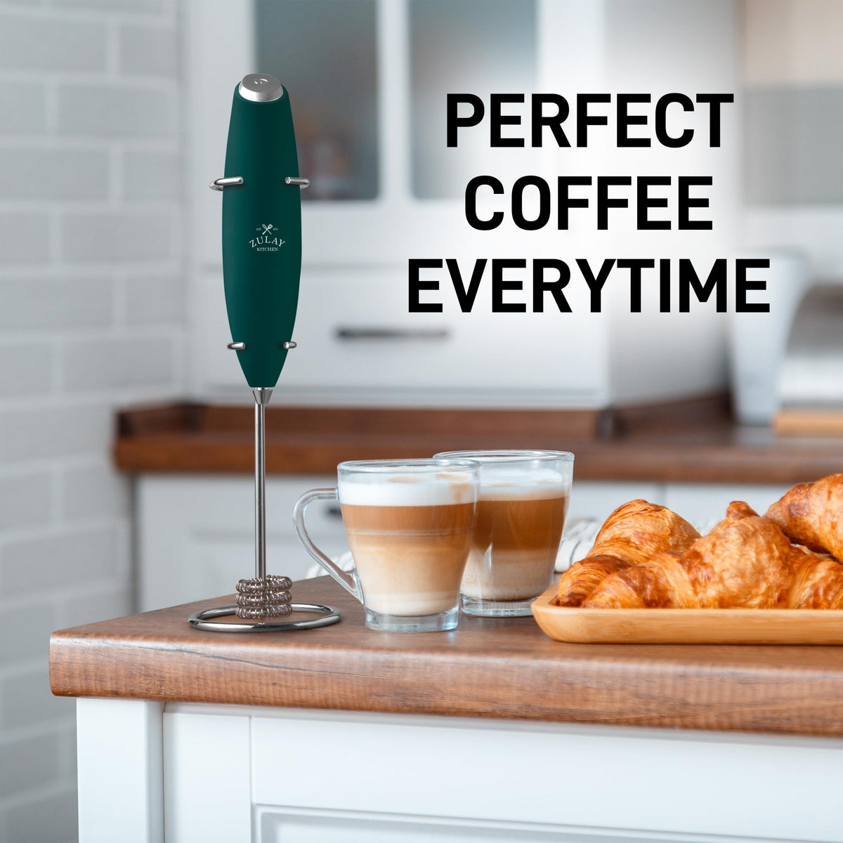 Zulay Kitchen dark green frother shown on a kitchen counter