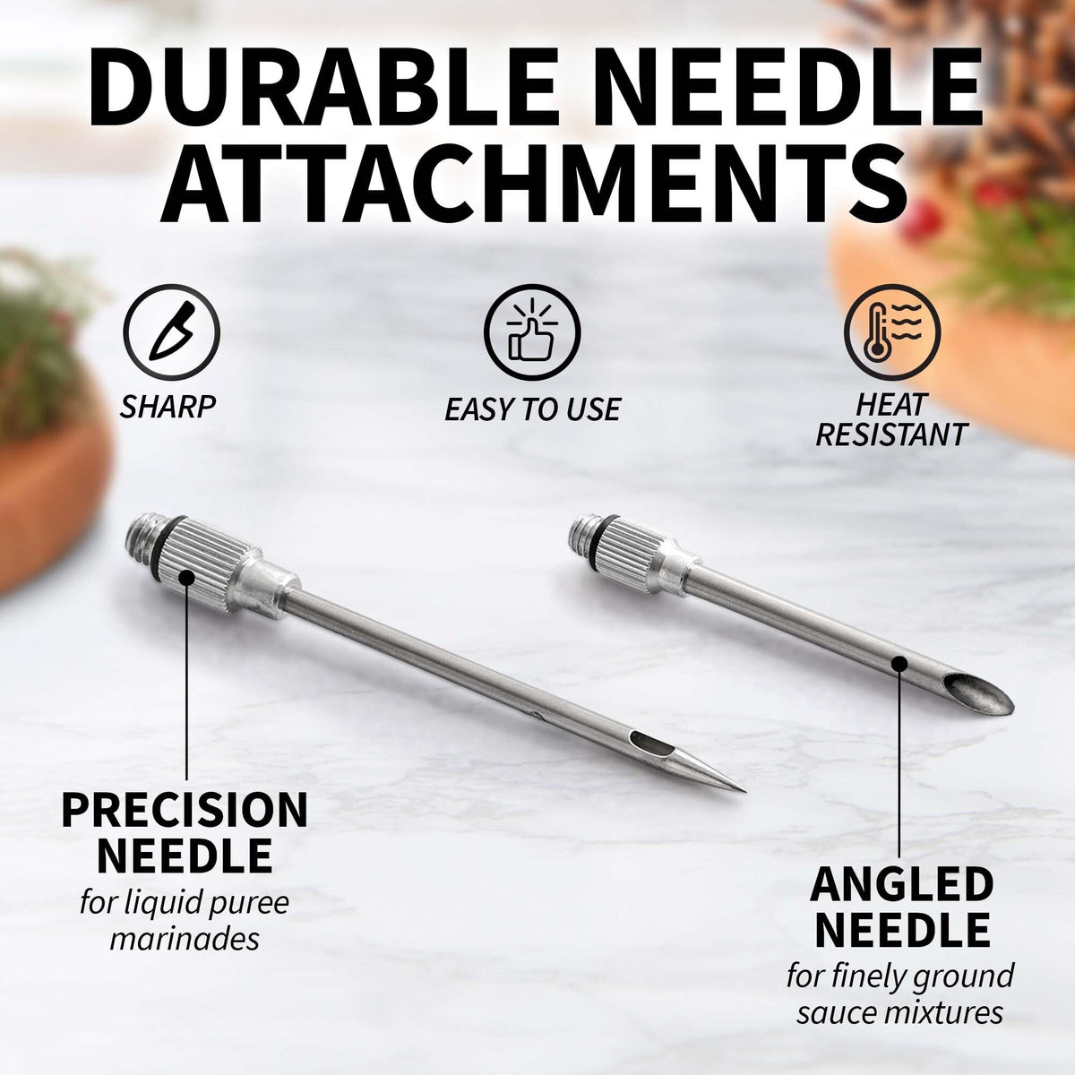 Detachable needles provide thin and chunky marinades for flavorful meat