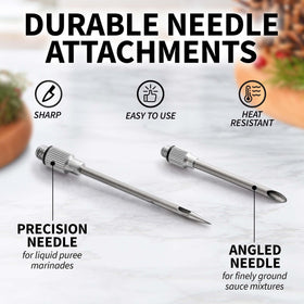 Detachable needles provide thin and chunky marinades for flavorful meat