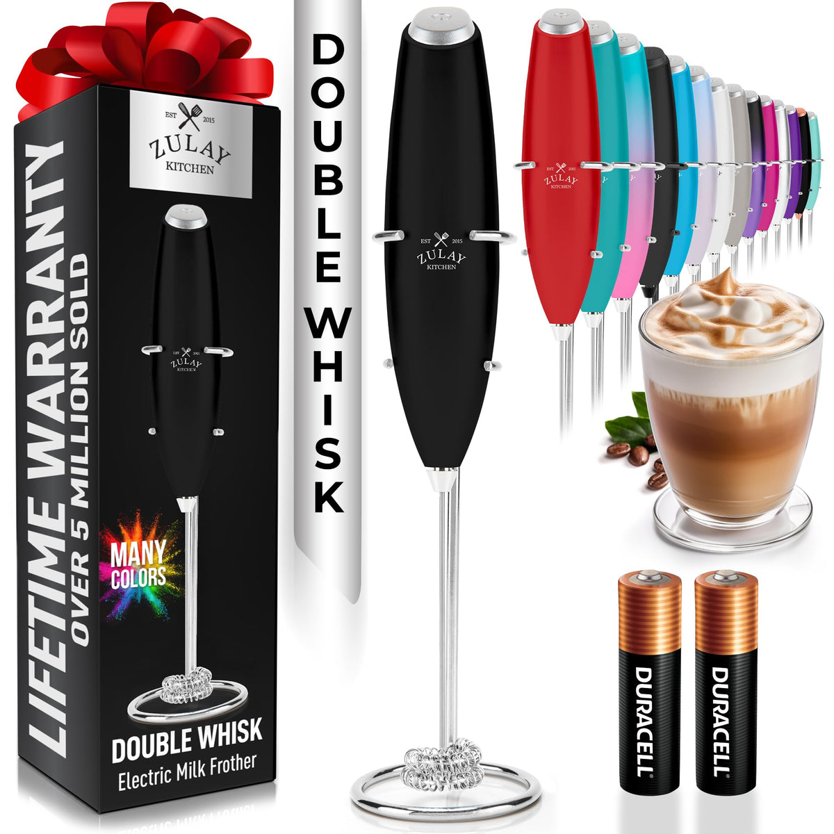 Zulay Kitchen double whisk milk frother assembly creates quick, creamy foam for coffee.