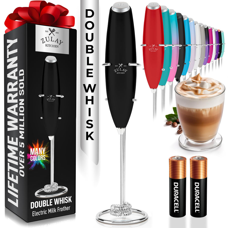 Zulay Kitchen double whisk milk frother assembly creates quick, creamy foam for coffee.