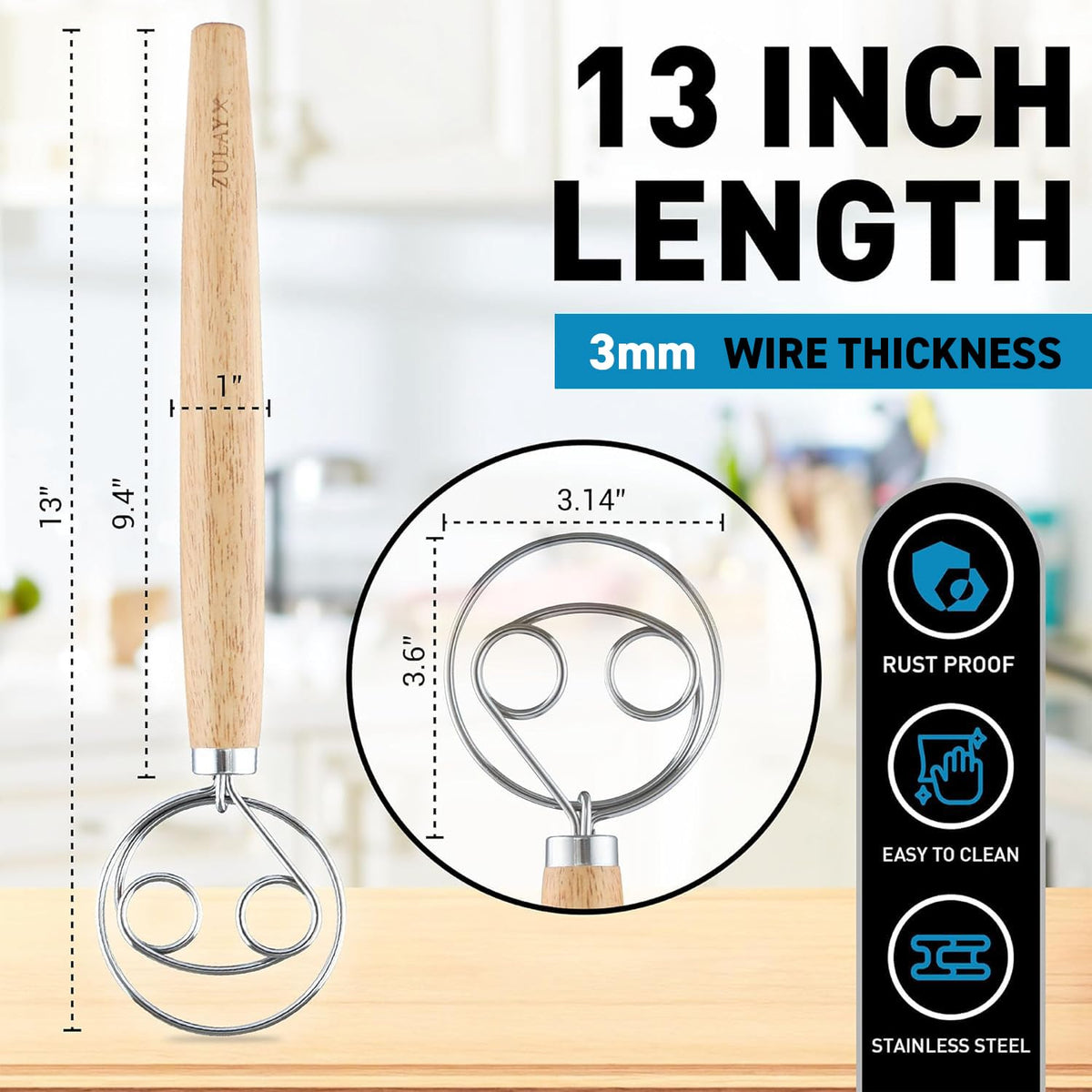 Zulay Kitchen stainless steel ring whisk ready to blend dough.