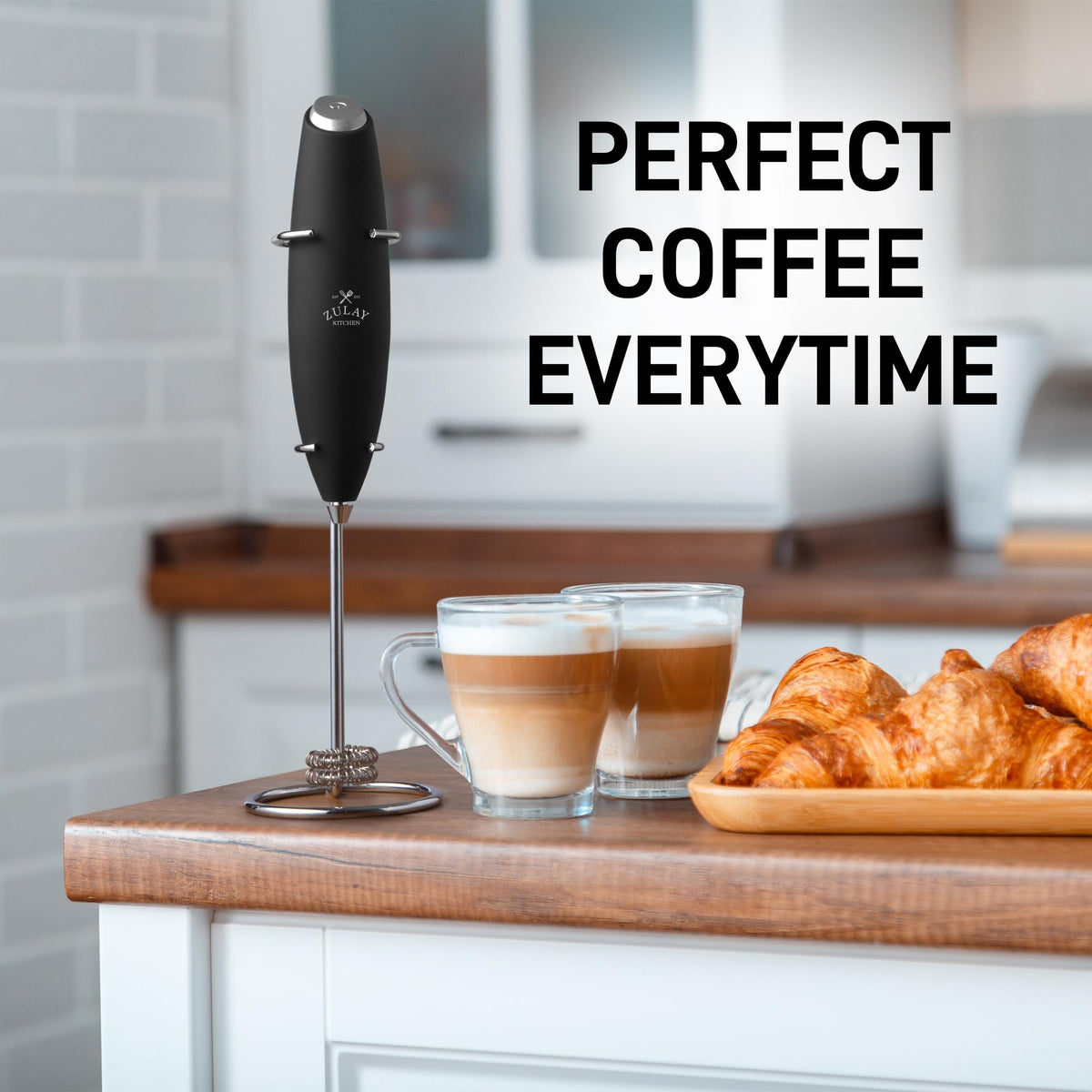 Zulay Kitchen easy-clean stand keeps frother ready on the counter.