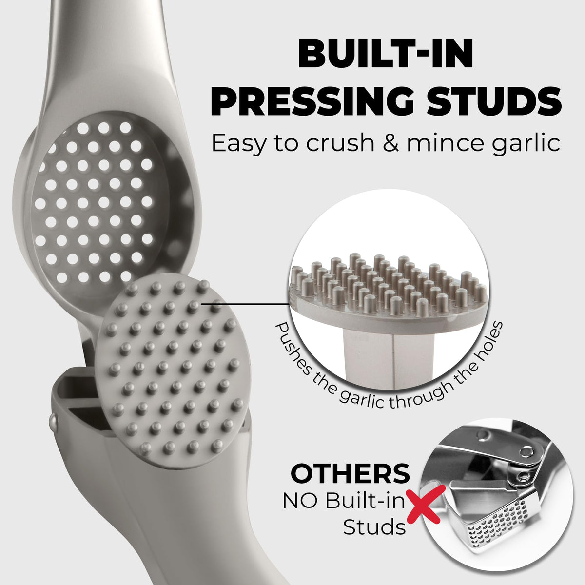 Zulay Kitchen ergonomic garlic press handle photographed in-use shows comfortable grip and effortless squeezing