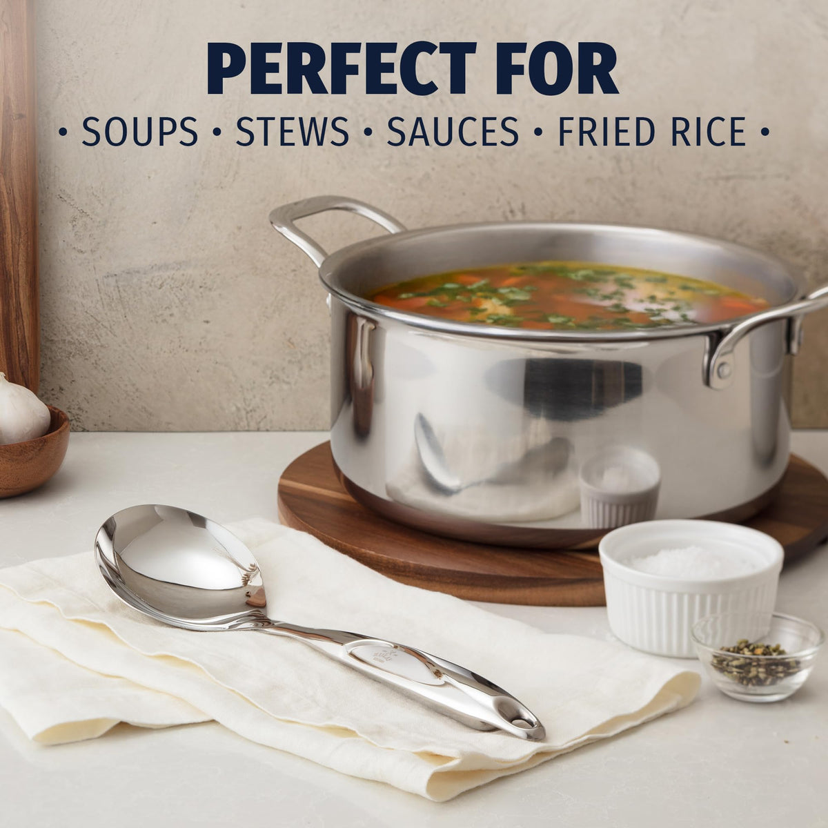 Zulay Kitchen ergonomic handle spoon provides a secure, comfortable grip during family meals.