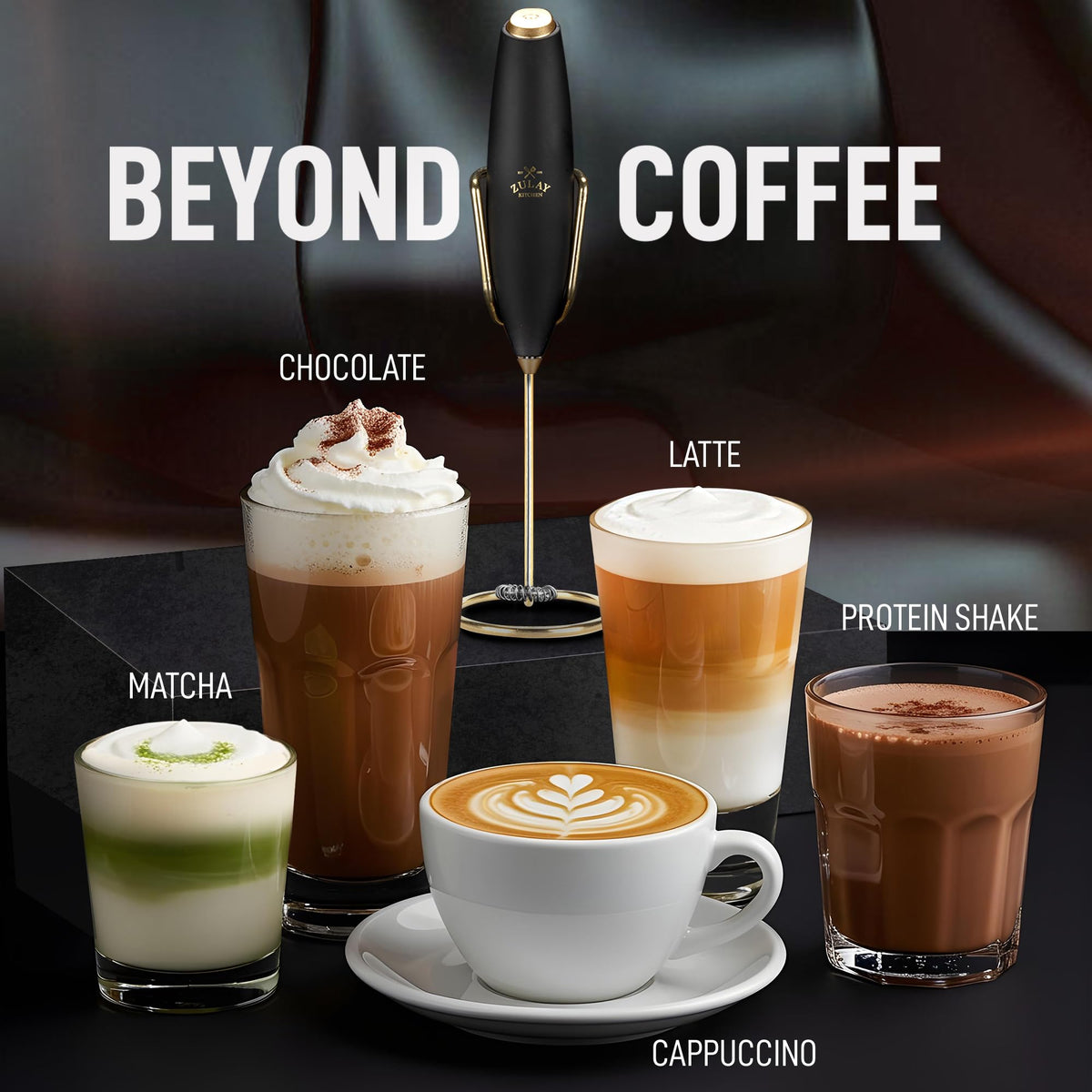 Zulay Kitchen Executive Series Milk Frother creates foamy options for hot chocolate.