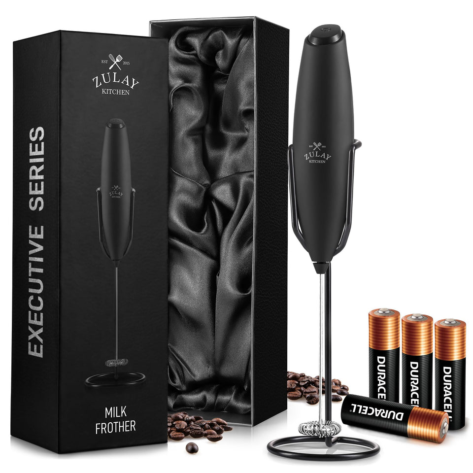Zulay Kitchen Executive Series frother with ultra stand delivers silky foam at home.
