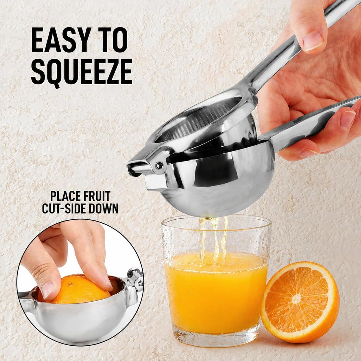 Zulay Kitchen squeezer pouring fresh juice into a glass