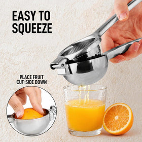 Zulay Kitchen squeezer pouring fresh juice into a glass