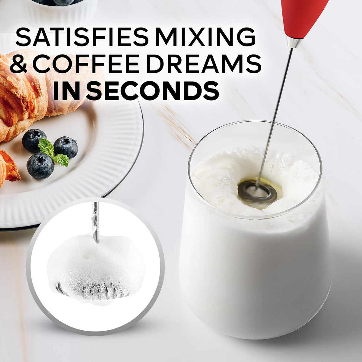 Foam being whisked into coffee by Zulay frother wand