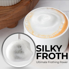 Zulay Kitchen frother whisk blending latte and matcha for creamy textures.